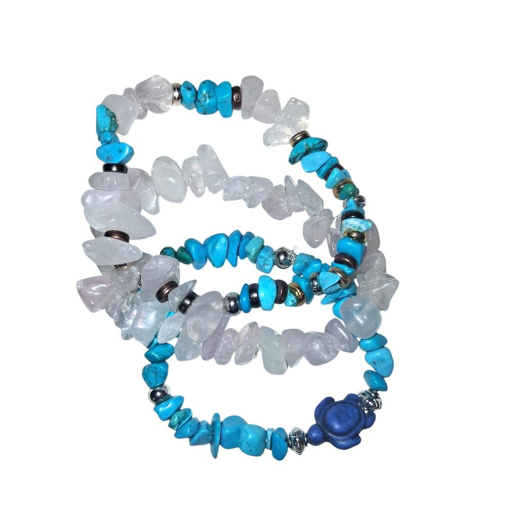 3 Ocean Theme Boho Turtle Bracelet Set, Handmade Elastic Multicolor